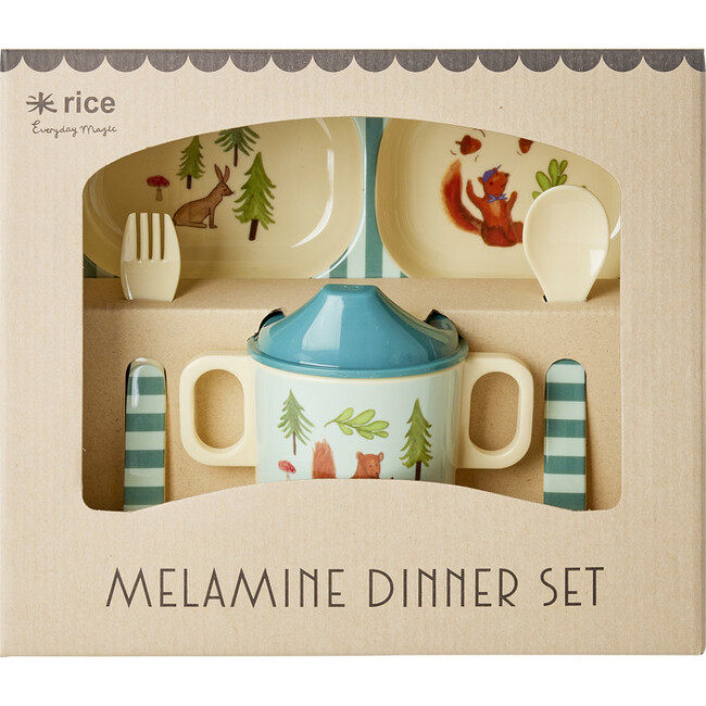 Melamine Happy Forest Print 4-Piece Baby Dinner Set In Gift Box, Blue