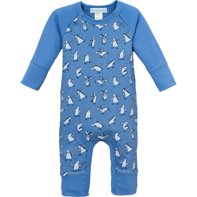 Sailor-Sleeve Long Romper, Gliding Penguins