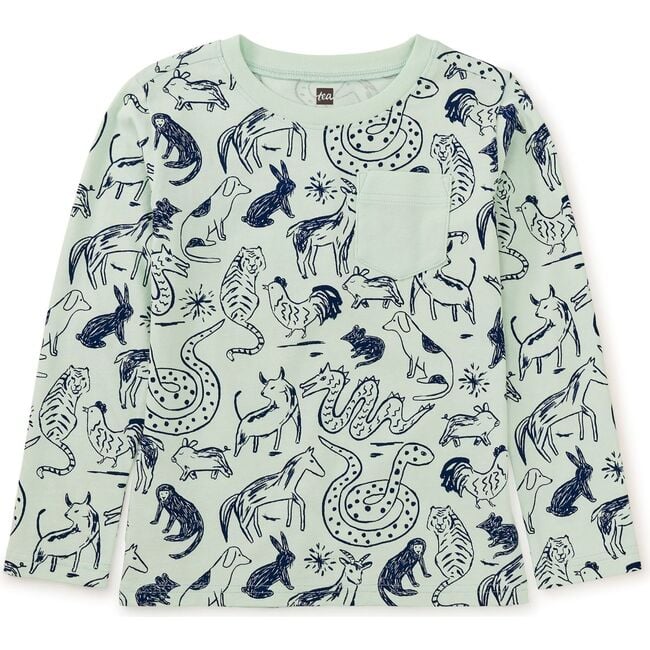 Long Sleeve Printed Pocket Tee, Sketched Lunar New Year Animal