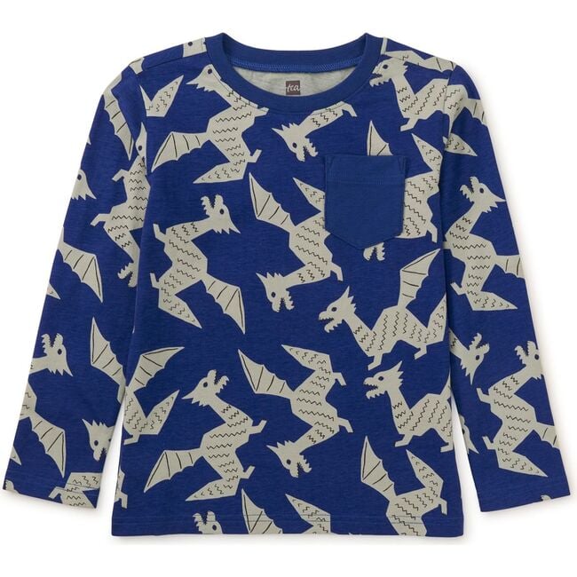 Long Sleeve Printed Pocket Tee, Winged Dragon