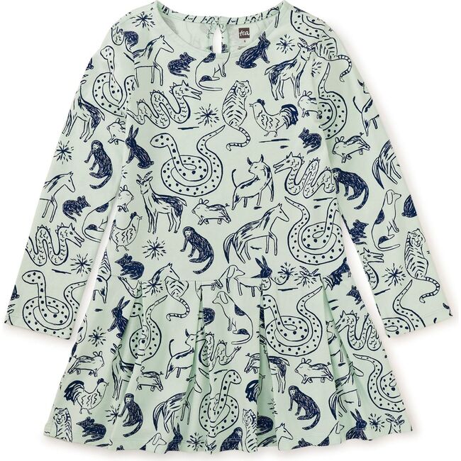 Long Sleeve Pleated Skater Dress, Sketched Lunar New Year Animal