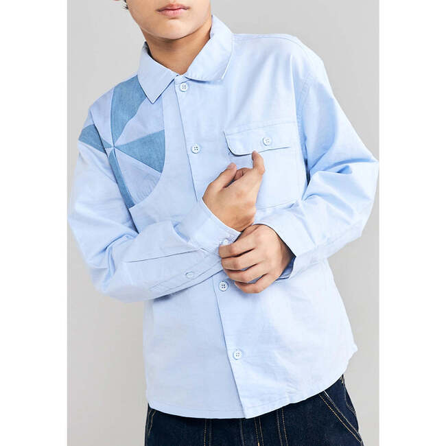 Gideon Long Sleeves Shirt With Patchwork, Blue - Button Downs - 2