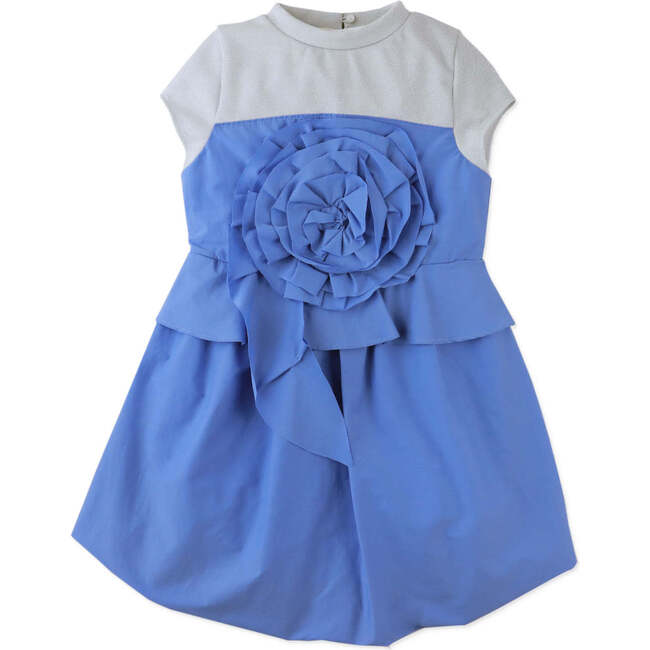 Bethel Mock Tee Bubble Dress With Rose Applique And Peplum, Blue