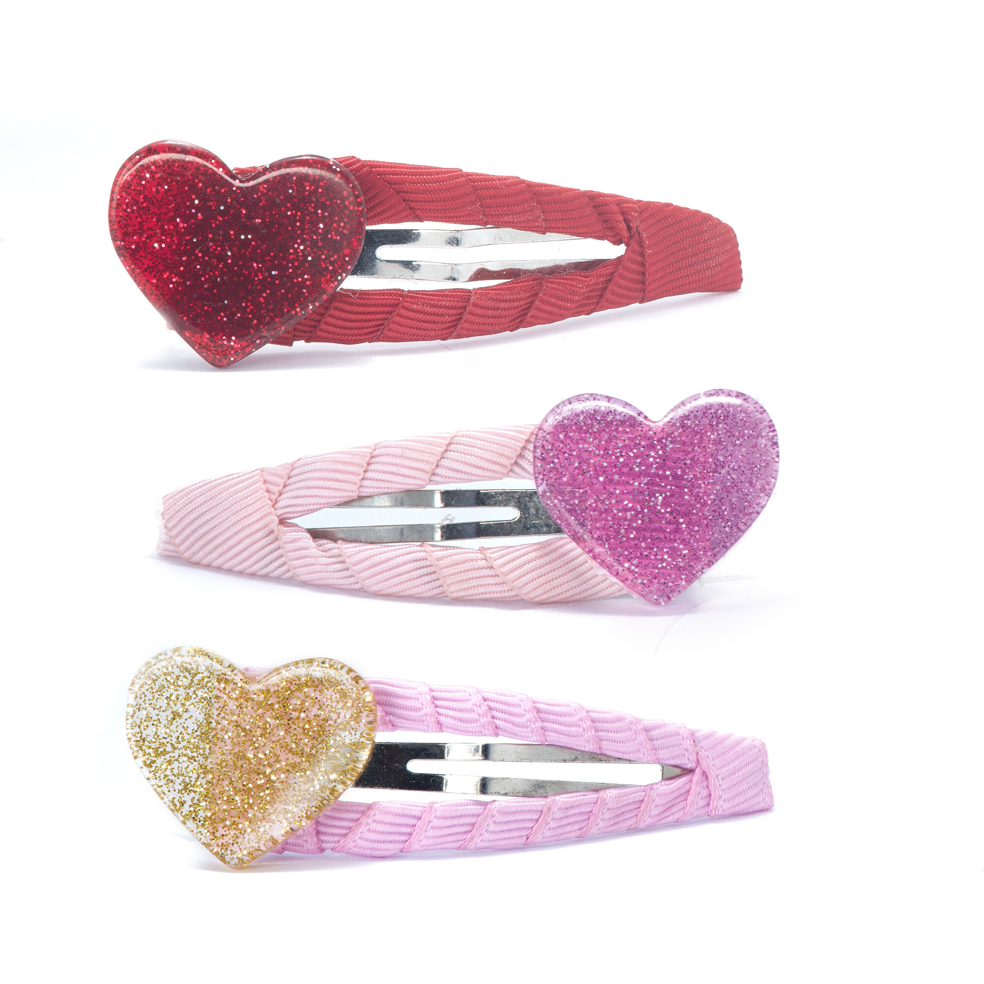 Hearts Glitter Gold Pink Red Fabric Covered Snap Clips - Hair Accessories - 1