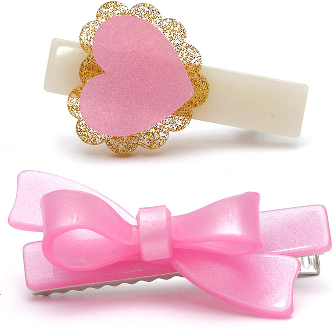 Heart Sweetheart and Bow Pink Satin Hair Clips