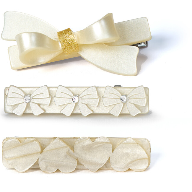 Bows and Hearts Pearl White Hair Clips