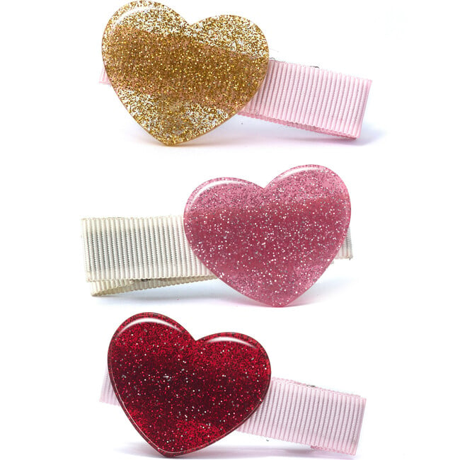 Baby Hearts Glitter Fabric Bows Pink Hair Clips