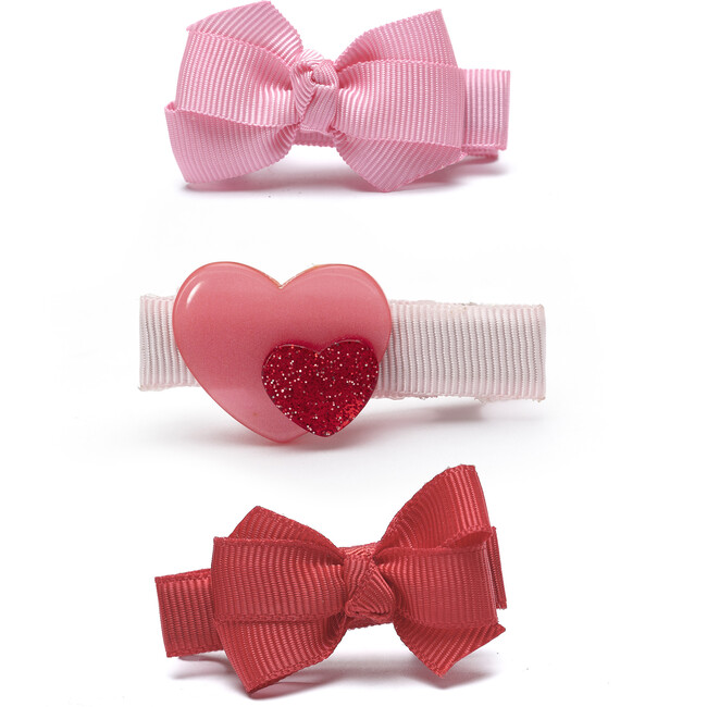 Baby Heart Double & Fabric Bow Red Pink Hair Clips