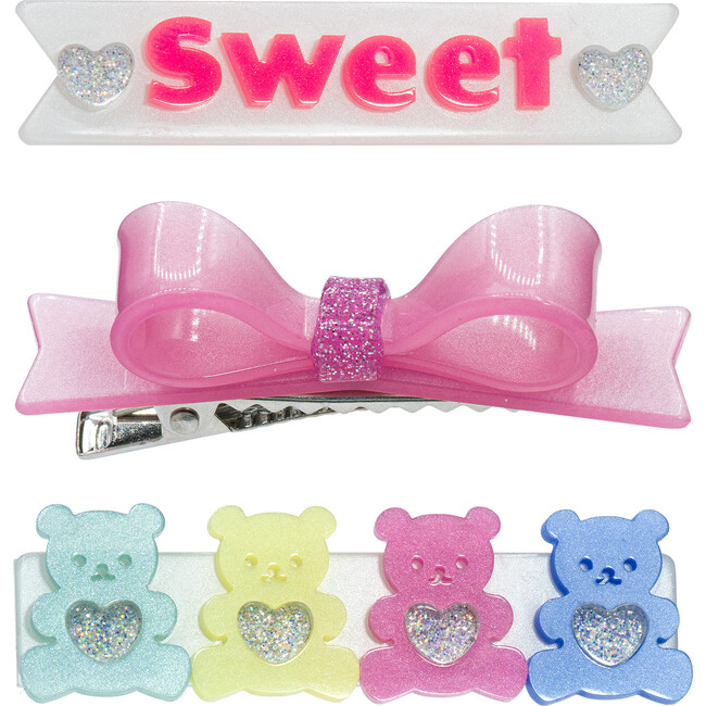 Sweet Bears And Bowtie Glitter Trio Hair Clips, Candy Colors (Set Of 3)