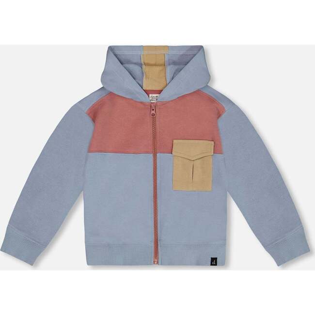 French Terry Full Zip Hoodie Sweatshirt, Pale Blue And Dark Old Rose