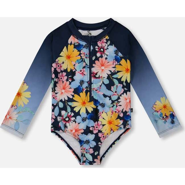 Long Sleeve Rashguard, Navy And Yellow And Pink Flowers