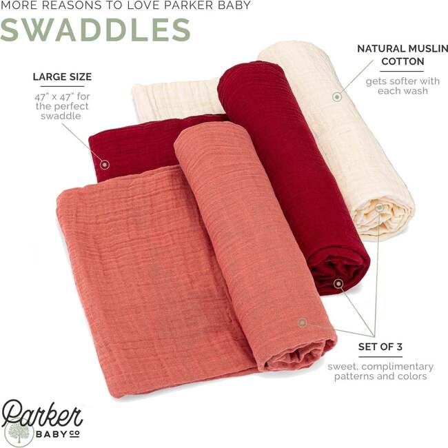 Muslin Cotton Swaddle Set, Rose (Pack Of 3) - Swaddles - 4