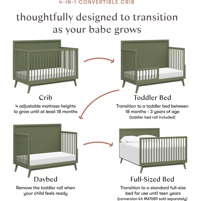 Palma 4-In-1 Convertible Crib With Toddler Bed Conversion Kit, Olive - Cribs - 2