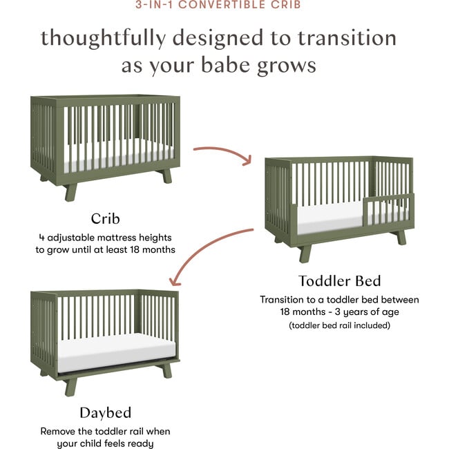 Hudson 3-In-1 Convertible Crib With Toddler Bed Conversion Kit, Olive - Cribs - 2