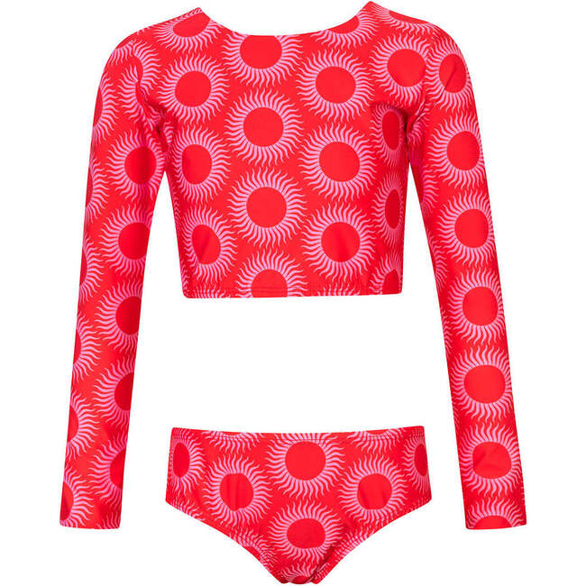 Kids Calypso Pau Long Sleeve Top & High Rise Bikini Set, Red