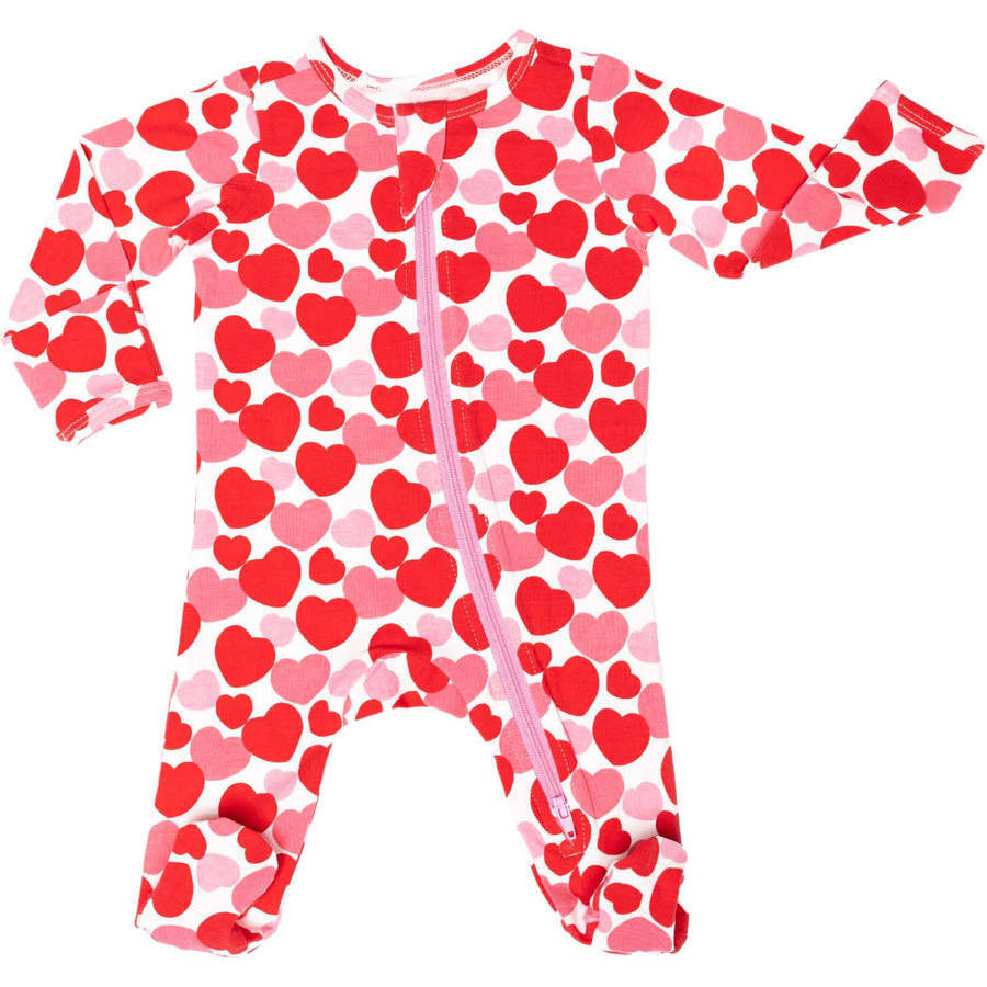 Organic Zippered Footed Onesie, Red & Pink Hearts - Footie Pajamas - 1