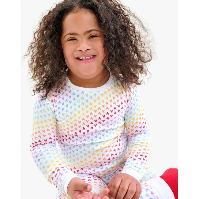 Kids Organic Long Sleeve Pj Set In Kaleidoscope Hearts, White Kaleidoscope Rainbow Hearts - Pajamas - 2