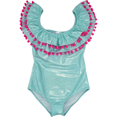 Sissi One Pieve Swimwear with Two Layers of Pompom Aqua