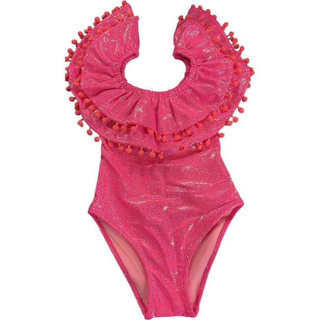 Sissi One Pieve Swimwear with Two Layers of Pompom Glitter Pink