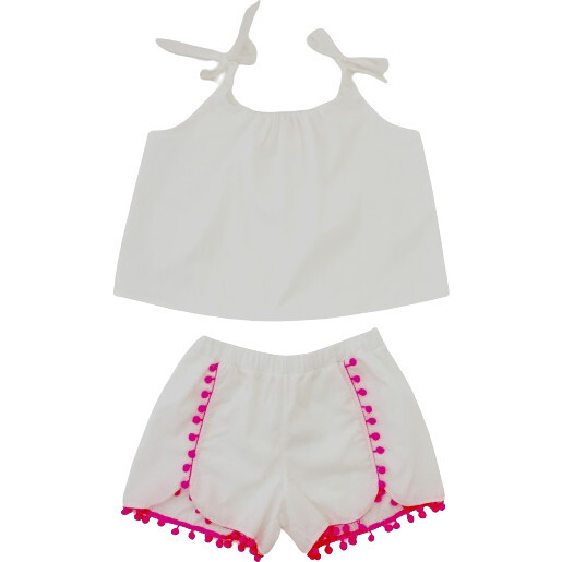 Chiara Set Cotton Two Piece Top and Pants with Pompom White