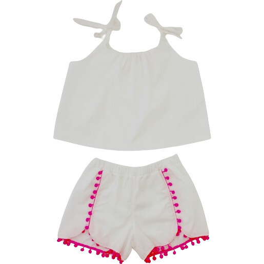 Chiara Set Cotton Two Piece Top and Pants with Pompom White - Cover-Ups - 1