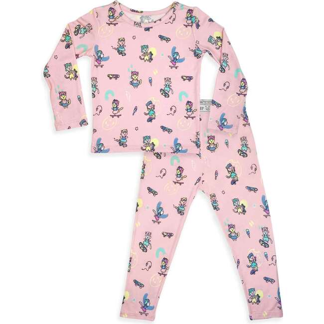 Skater Kitty Kids Bamboo Pajamas, Pink