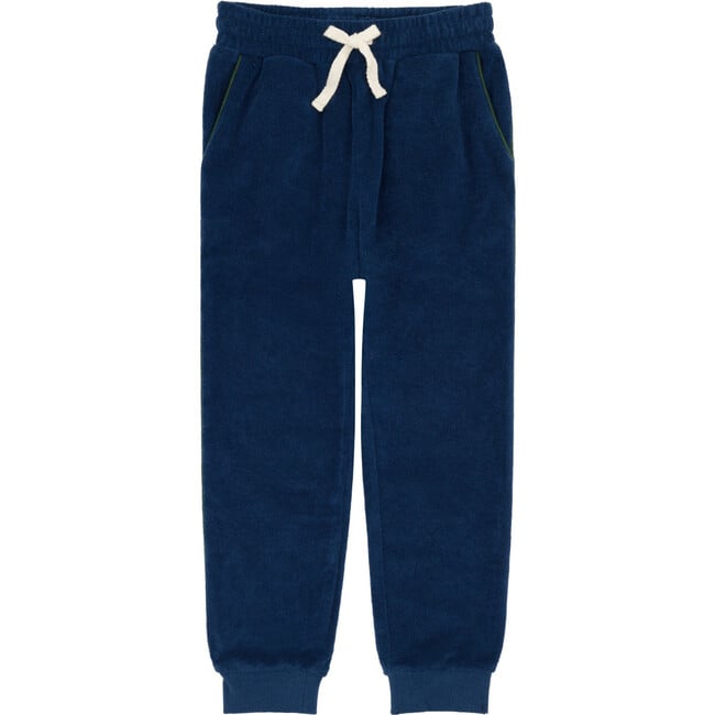 unisex navy french terry sweatpant with evergreen side piping