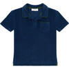 unisex navy french terry polo with evergreen trim - Polo Shirts - 1 - thumbnail