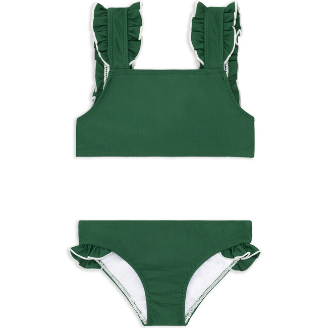 girls evergreen ruffle strap bikini with white lettuce edge trim