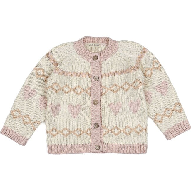 Intarsia Hearts Cardigan, Ivory/Pink