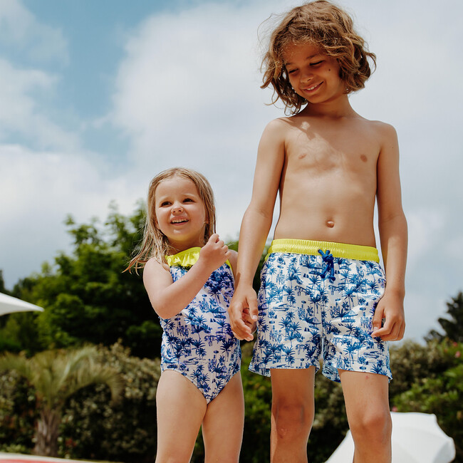 Meno Fluorescent Waist Print Swim Trunk, Toile De Jouy Balinaise Inspiration - Swim Trunks - 3