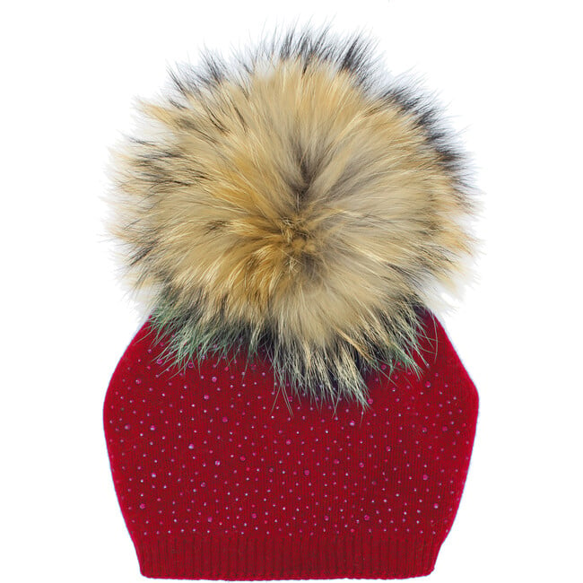 Knit Wool Faux Fur Pom Pom Hat, Red