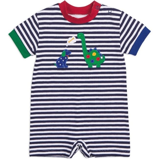 Stripe Knit Shortall With Dog & Dinosaur