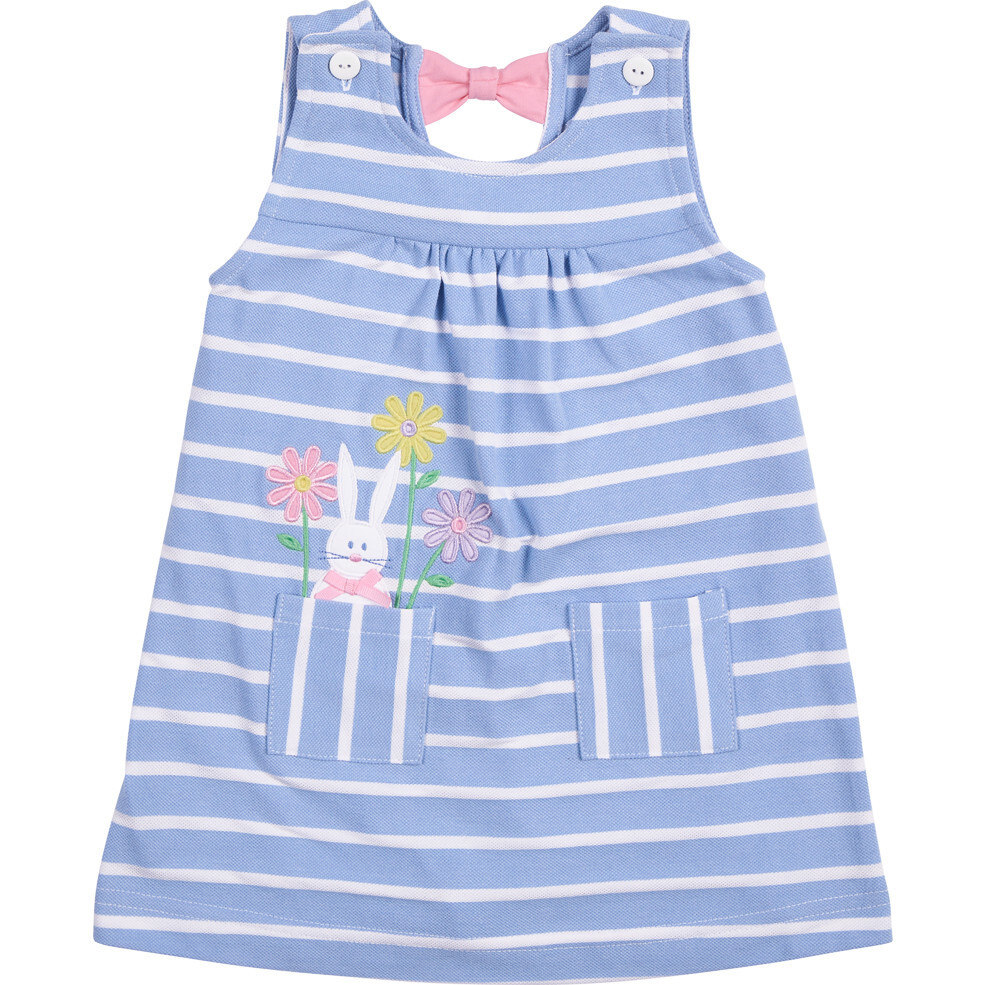 Stripe Knit Dress With Bunny & Flowers - Dresses - 1