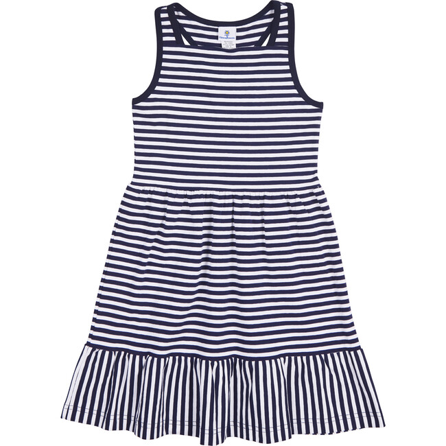 Navy Stripe Knit Dress With Shirred Skirt