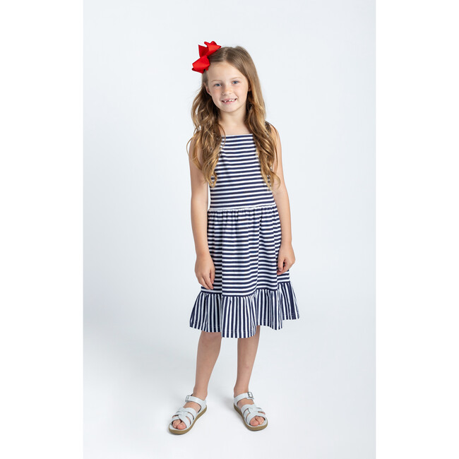 Navy Stripe Knit Dress With Shirred Skirt - Dresses - 2