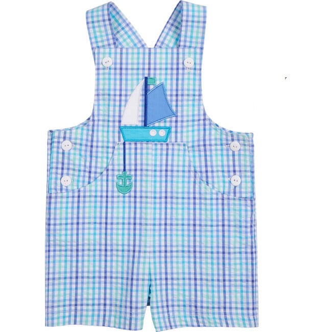 Plaid Seersucker Shortall With Sailboat