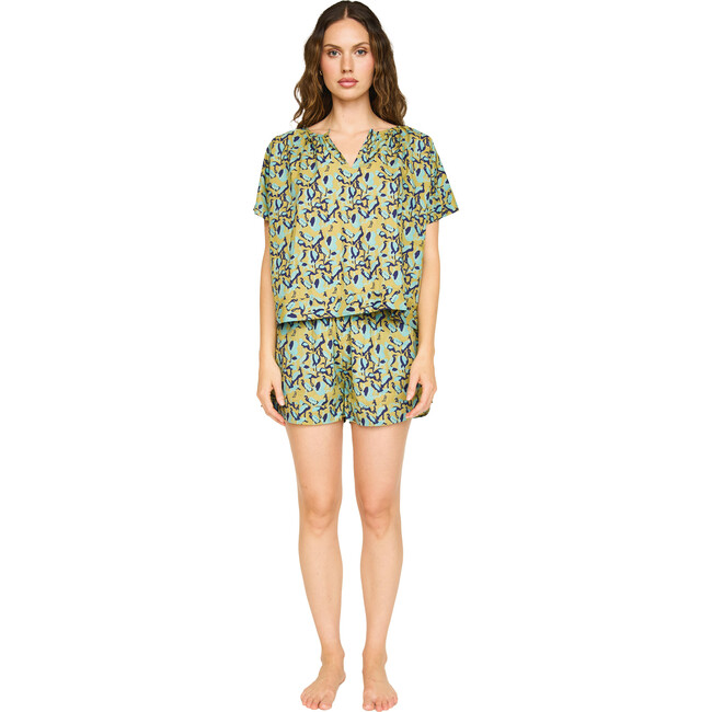 Women's Hand Screen Print Dolman Sleeve Top & Pajama Shorts Set, Seagull