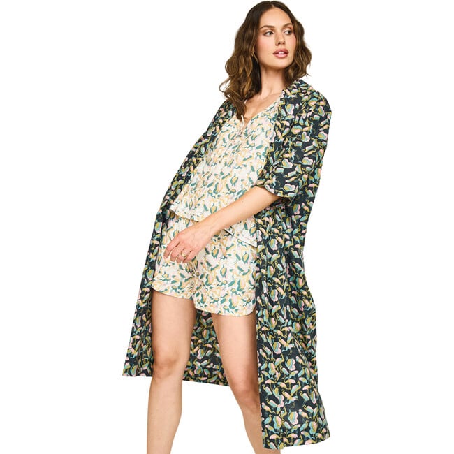 Women's Laos Hand Screen Print Cotton Shawl Collar Robe, Blackbird - Robes - 2