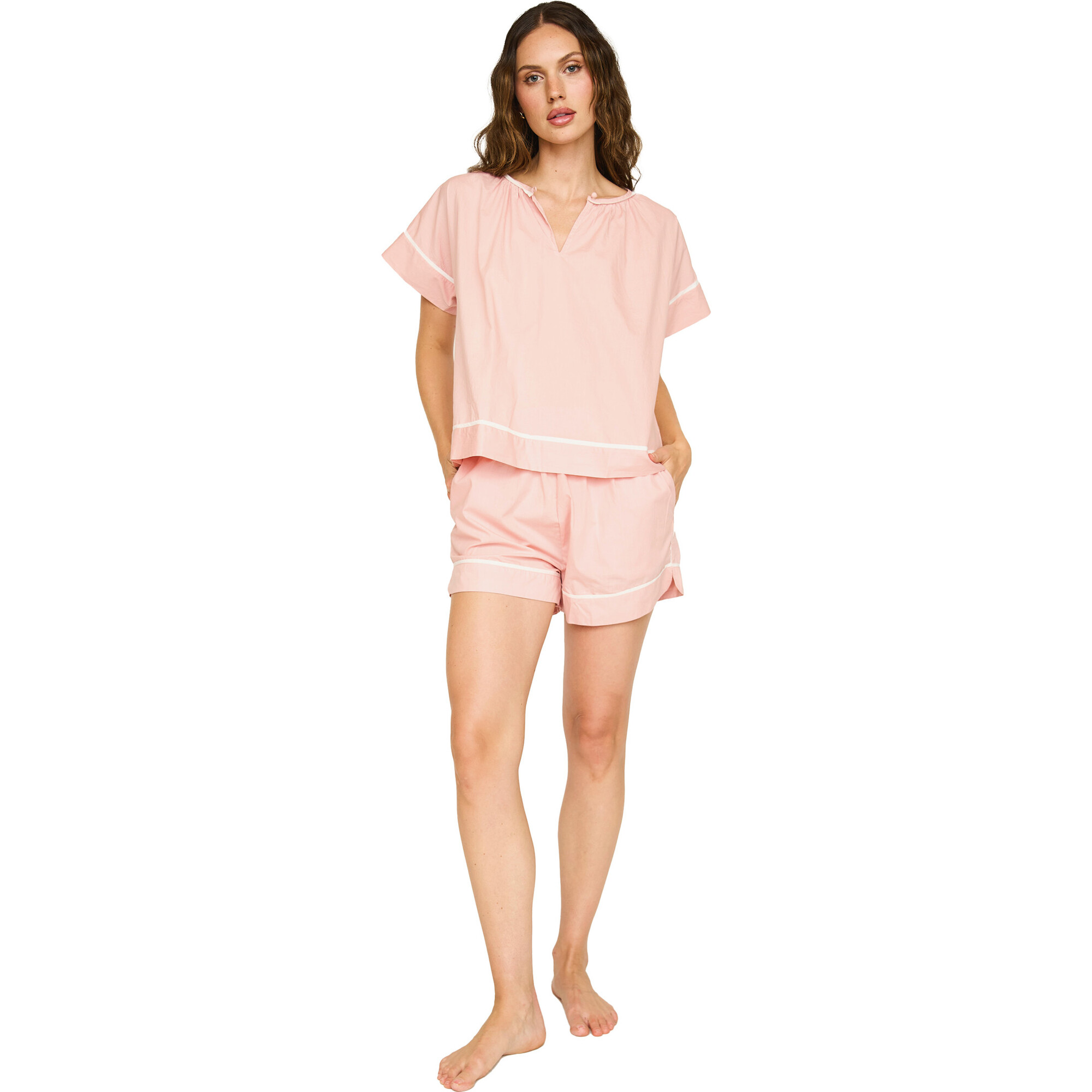 Women's Contrast Trim Dolman Sleeve Top & Pajama Shorts Set, Conch - Pajamas - 1