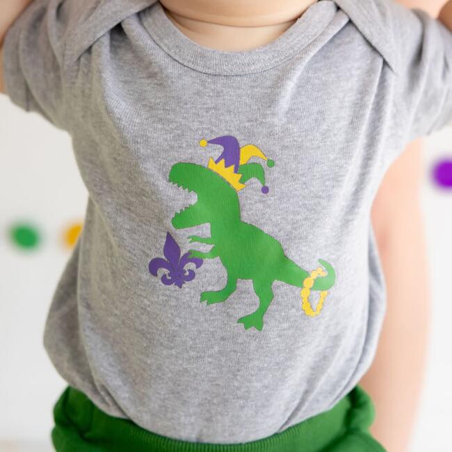 Mardi Gras Dino Short Sleeve Bodysuit, Grey - Onesies - 3