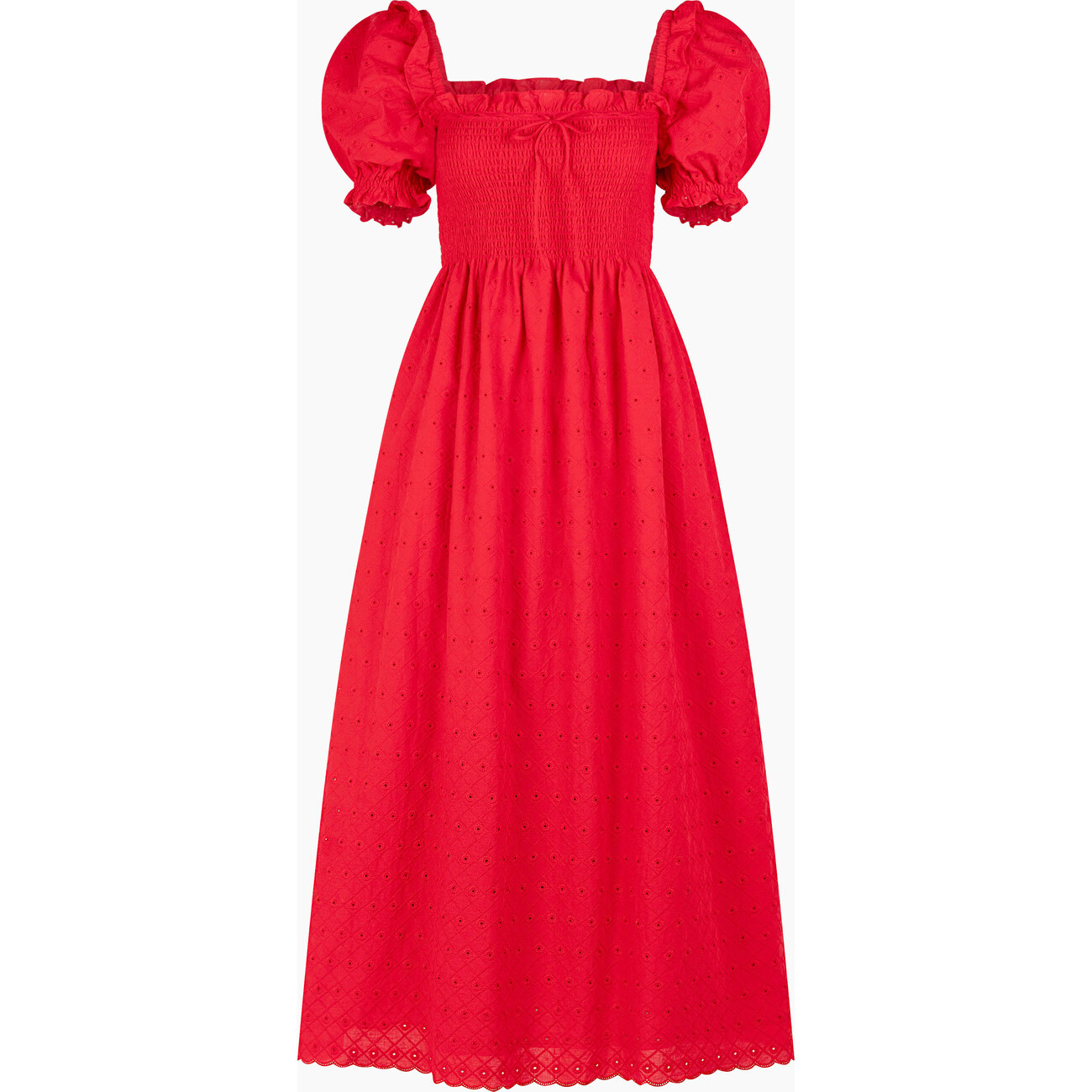 Women's Scarlett Midi Nap Dress, Red Daisy Check Eyelet - Hill Women's Scarlett Midi Nap Dress, Red Daisy Check Eyelet - Hill