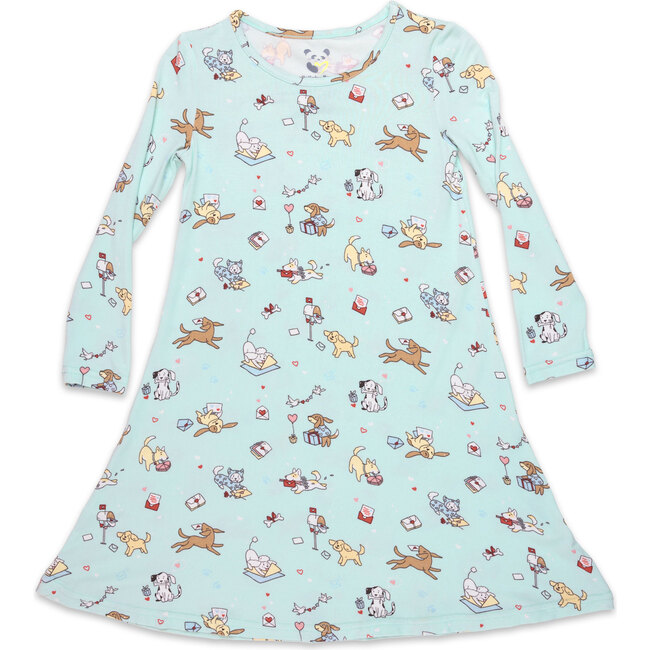 Valentines Pups Bamboo Girls' Long Sleeve Dress, Blue