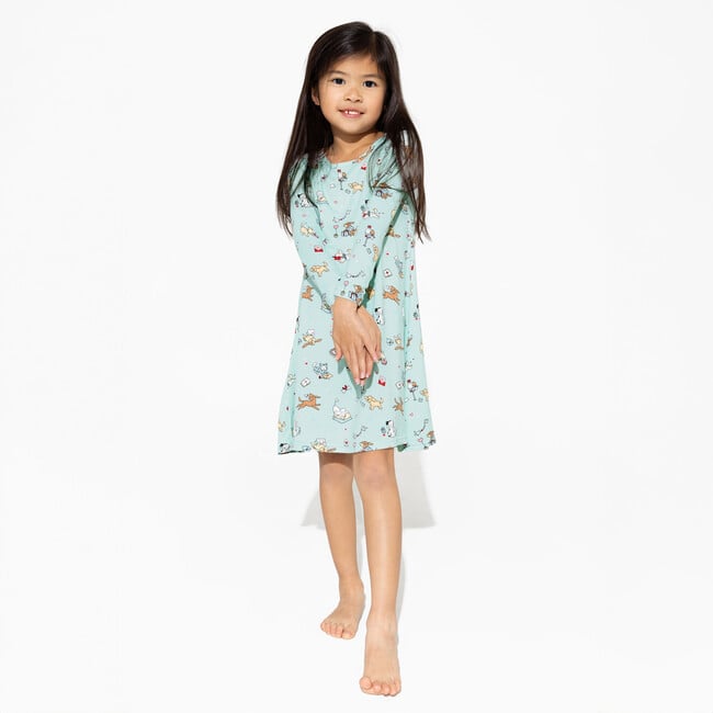 Valentines Pups Bamboo Girls' Long Sleeve Dress, Blue - Dresses - 2