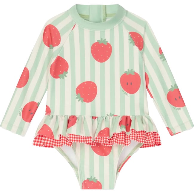 Strawberry and Green Stripe Frill Long Sleeve Swimsuit