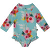 One-Piece Rashguard With Frills, Turquoise And Pink Flowers - One Pieces - 1 - thumbnail