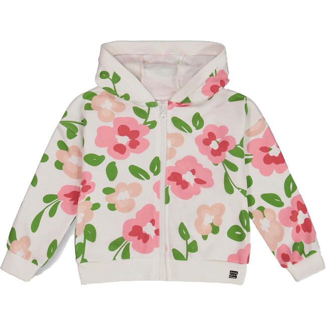 French Terry Hoodie Cardigan, Pink Flowers On White Background