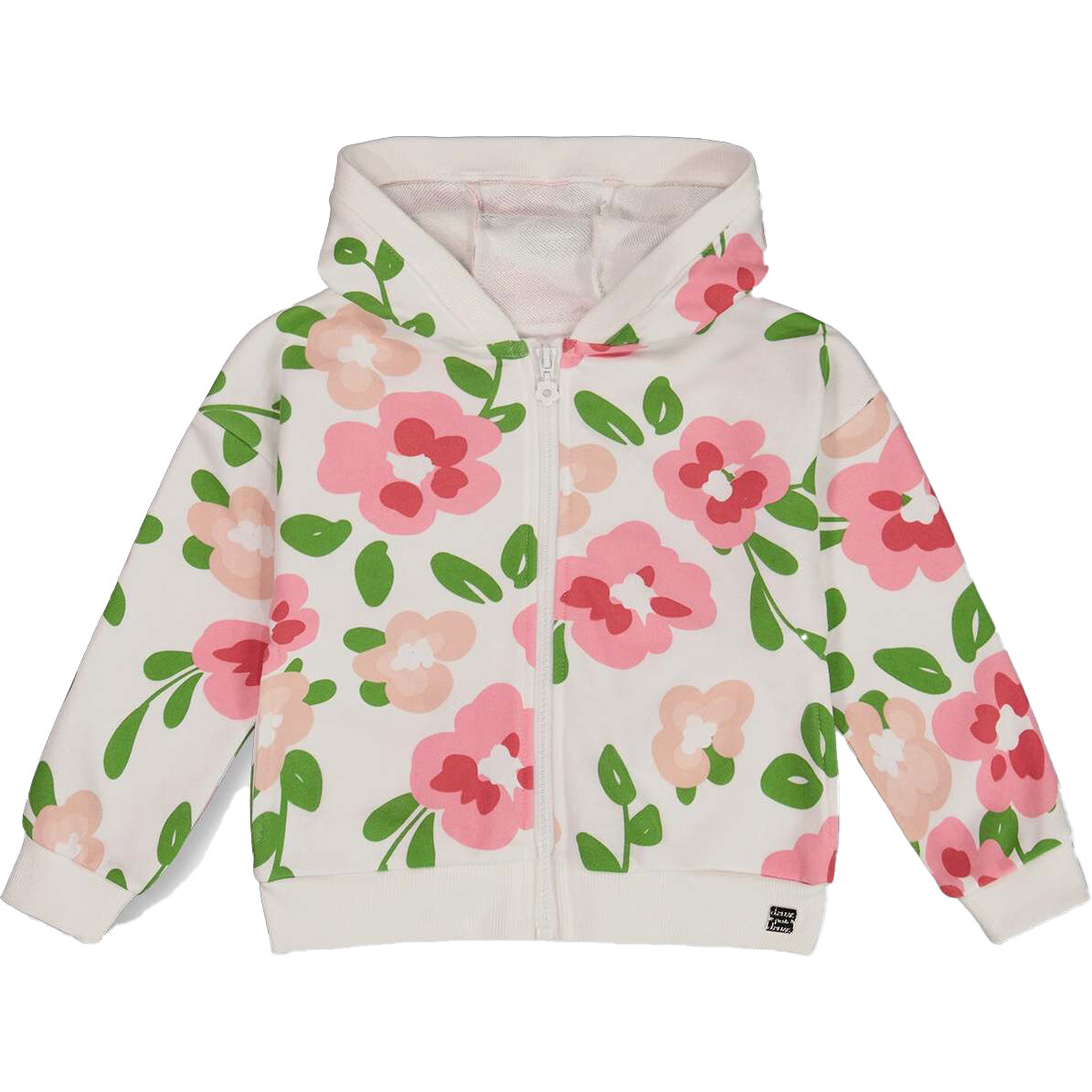 French Terry Hoodie Cardigan, Pink Flowers On White Background - Sweatshirts - 1