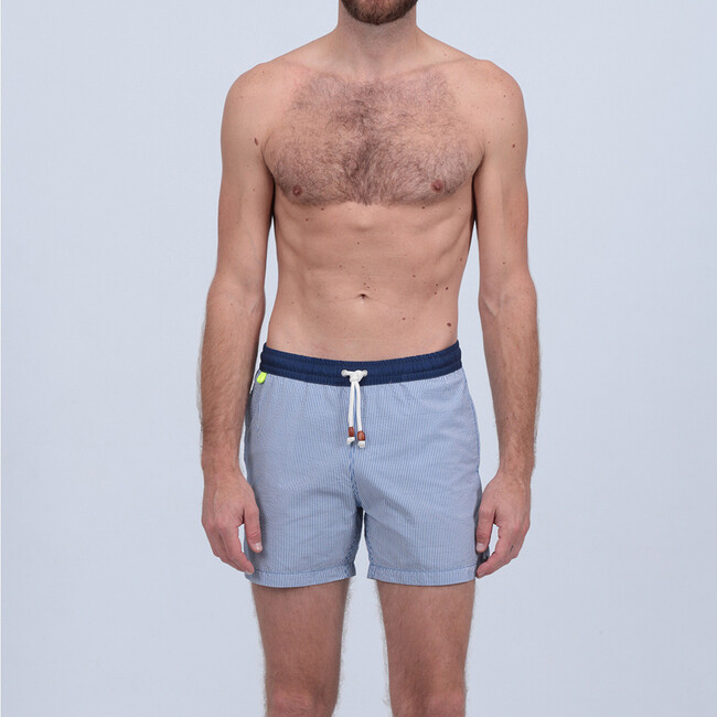 Men's Trawangan Swim Trunk, Blue Seersucker - Swim Trunks - 2