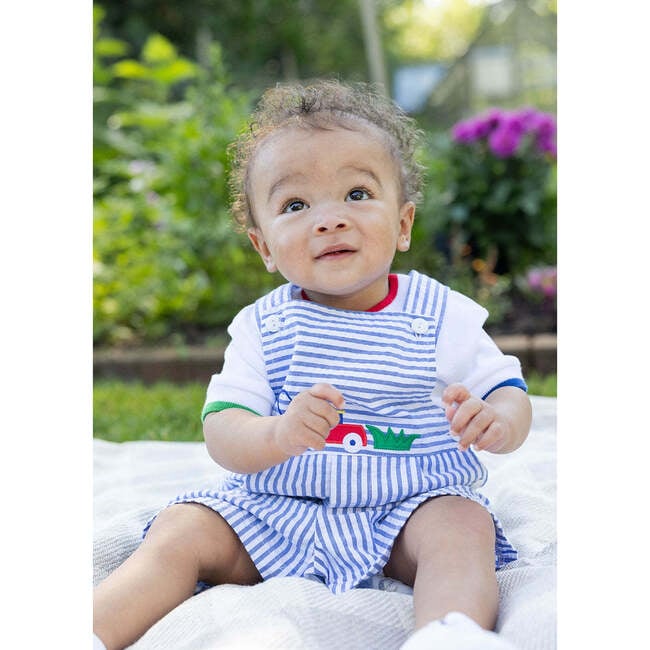 Stripe Seersucker Shortall With Lawn Mower - Rompers - 2